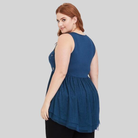 TORRID Teal Green Embellished Babydoll Top Coquette Double Mesh Beaded 2X - Picture 2 of 13